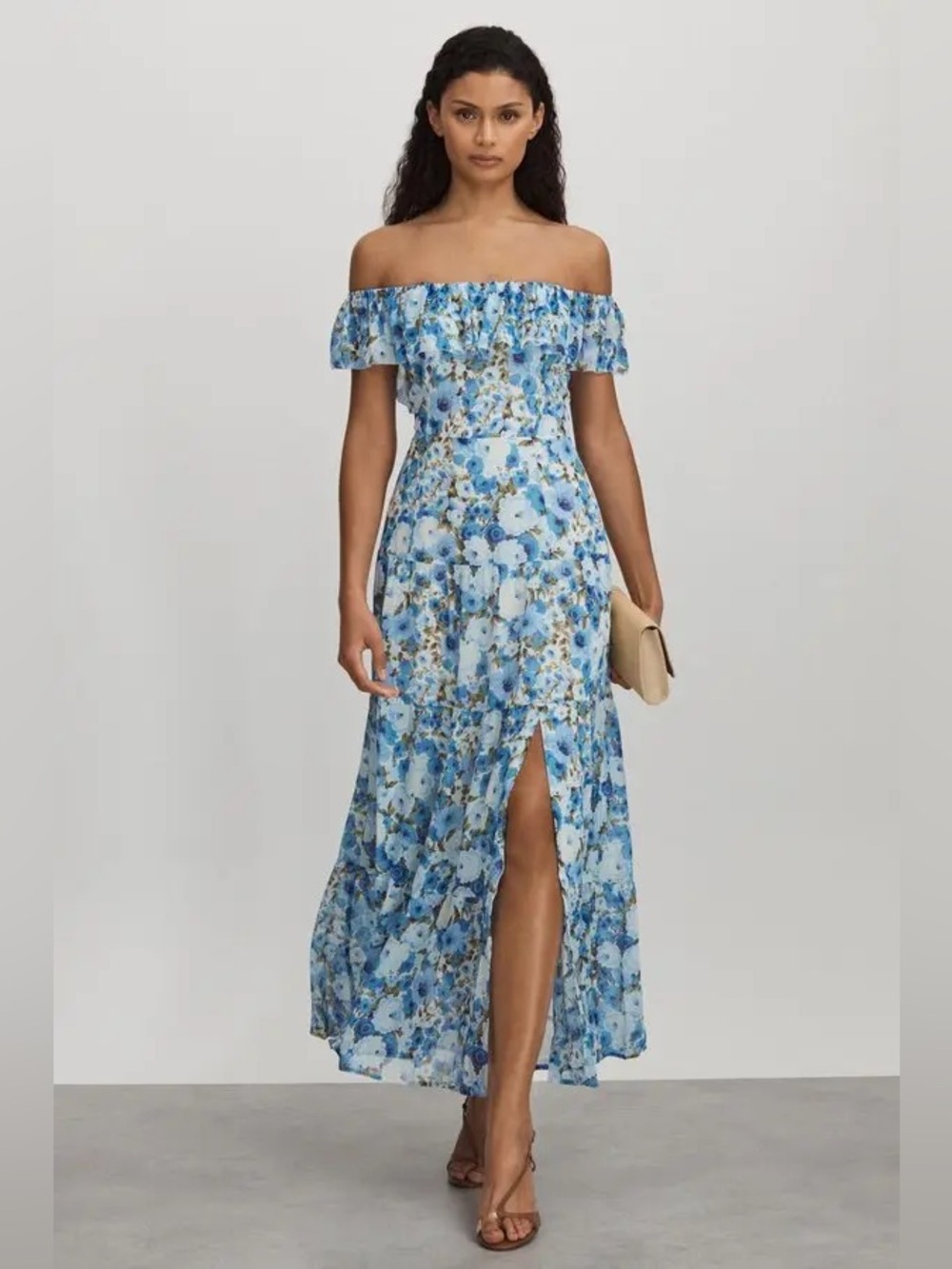 Paige Carmelia Silk Maxi Dress in French Blue Off the Shoulder Romantic Size 8
